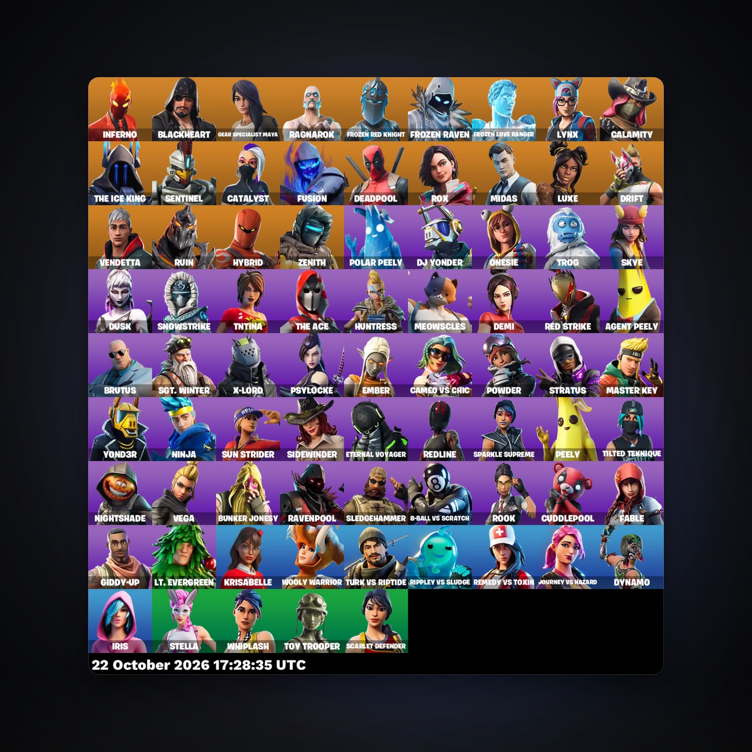 حساب فورتنايت Inferno وBlackheart، لوكر 77 سكن، 300 فيبوكس، لفل 1381، 124 فوز — HabibiAccounts