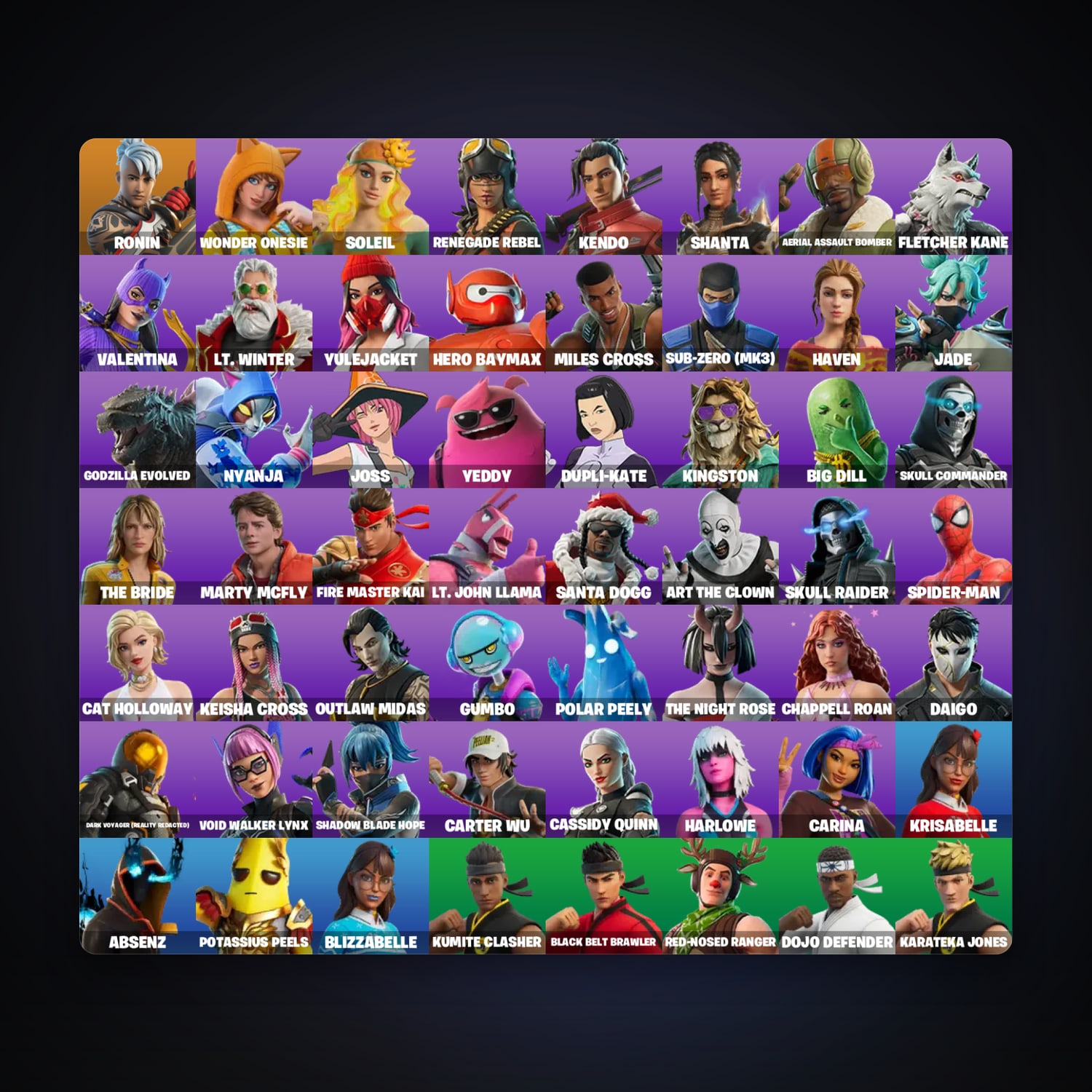 حساب فورتنايت Ronin وWonder Onesie، لوكر 57 سكن، 200 فيبوكس، لفل 876، 97 فوز — HabibiAccounts