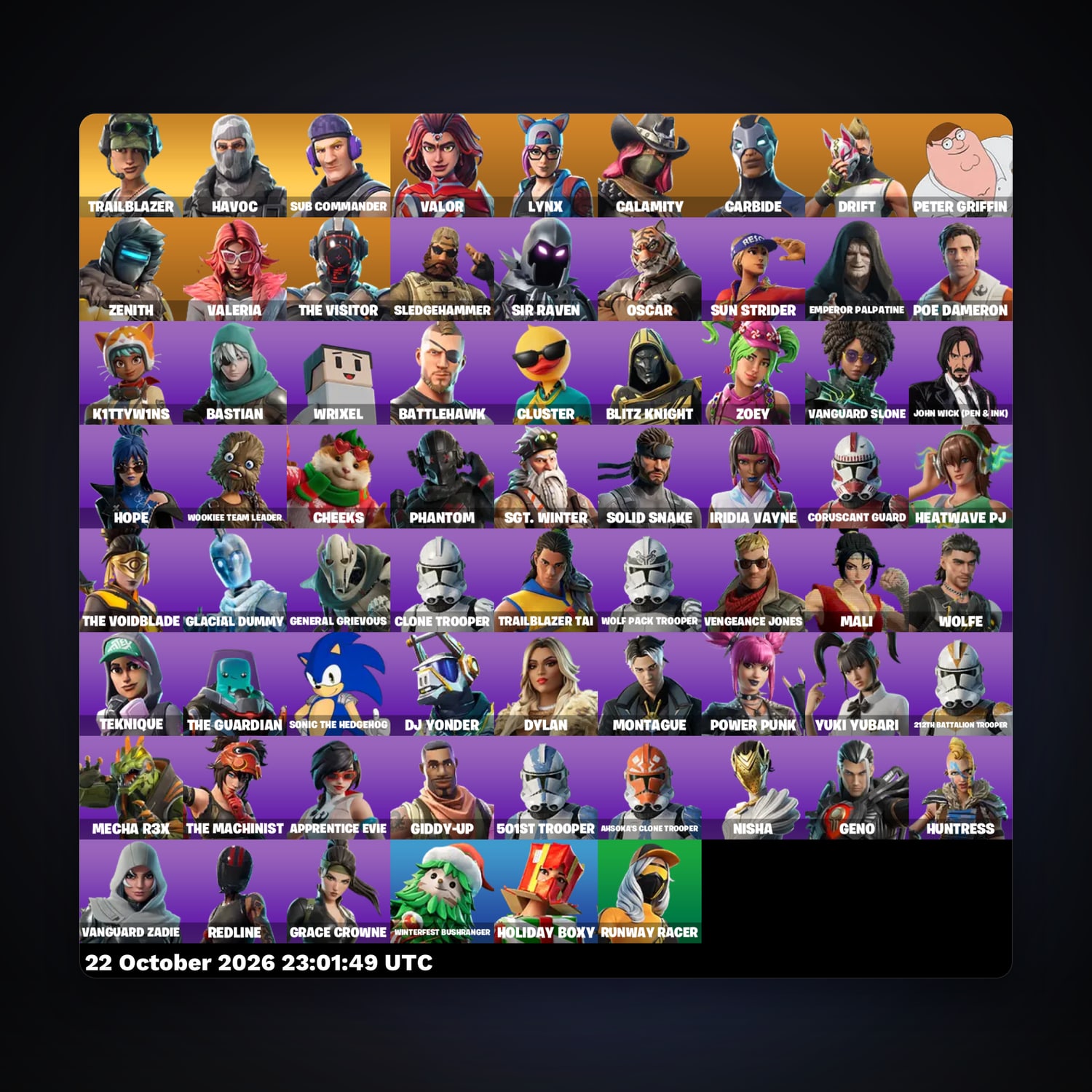 حساب فورتنايت Carbide وDrift، لوكر 69 سكن، 600 فيبوكس، لفل 2499، 73 فوز — HabibiAccounts