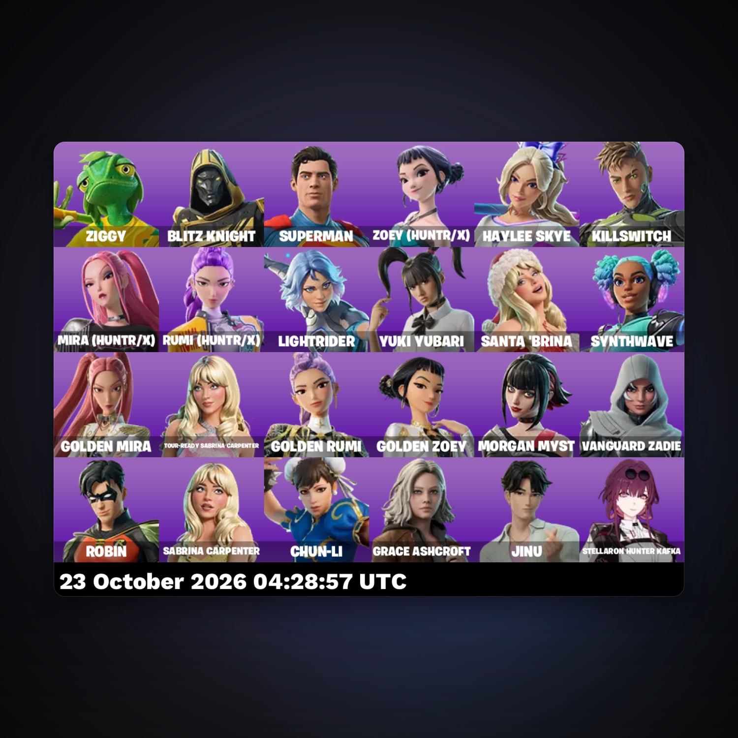 حساب فورتنايت Superman وZoey (HUNTR/X)، لوكر 24 سكن، 300 فيبوكس، لفل 478، 19 فوز — HabibiAccounts