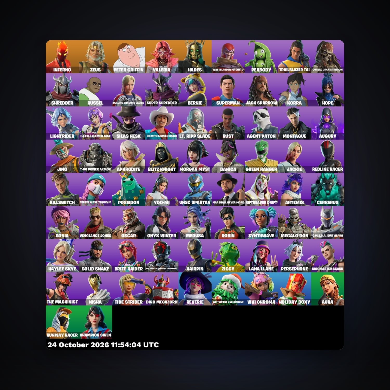 حساب فورتنايت Inferno وZeus، لوكر 74 سكن، 150 فيبوكس، لفل 1141، 96 فوز — HabibiAccounts