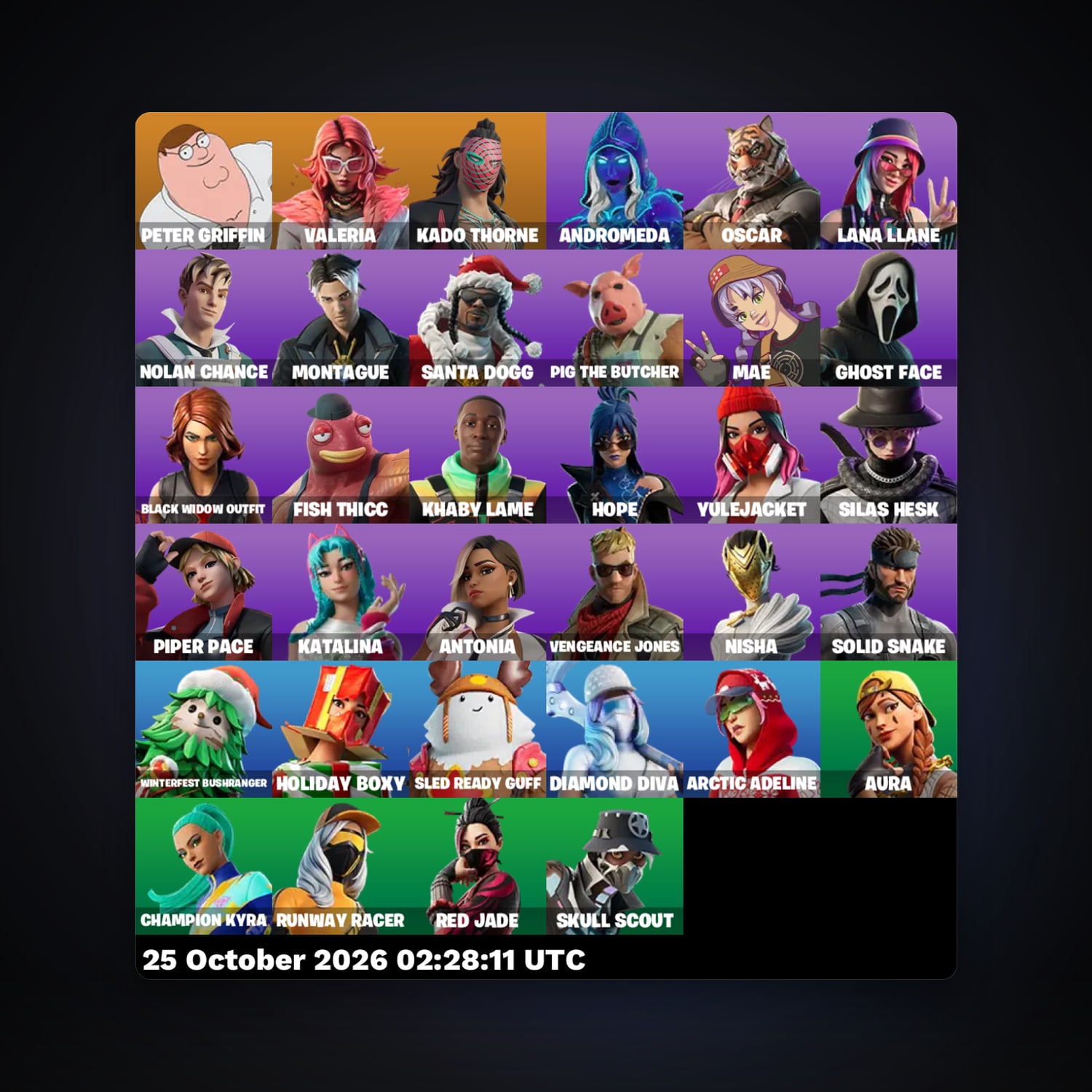 حساب فورتنايت Peter Griffin وValeria، لوكر 34 سكن، لفل 773، 30 فوز — HabibiAccounts