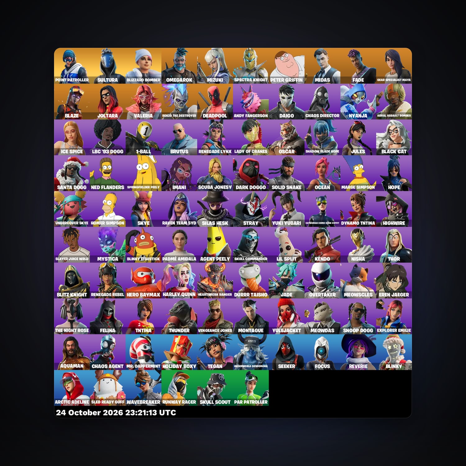 حساب فورتنايت Midas وDeadpool، اللوكر مليان 96 سكن، 1.6K فيبوكس، لفل 2641، 188 فوز — HabibiAccounts