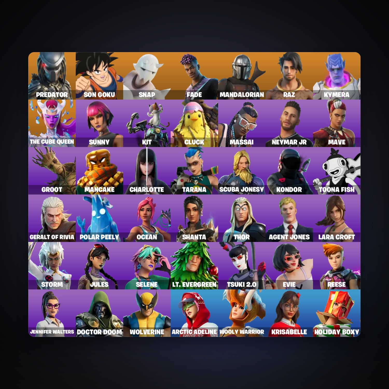 حساب فورتنايت Predator وSon Goku، لوكر 44 سكن، 850 فيبوكس، لفل 971، 48 فوز — HabibiAccounts