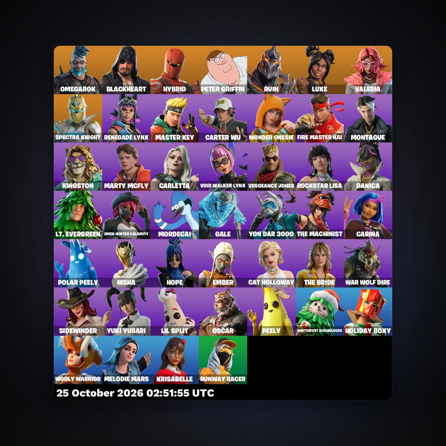 حساب فورتنايت Omegarok وBlackheart، لوكر 46 سكن، 1K فيبوكس، لفل 1159، 99 فوز — HabibiAccounts