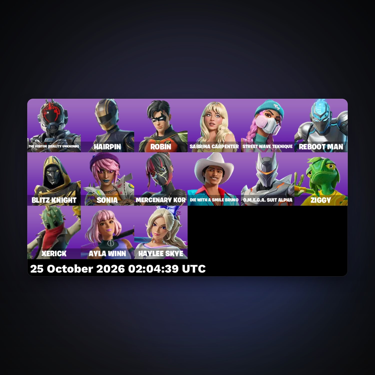 حساب فورتنايت Robin وSabrina Carpenter، لوكر 15 سكن، 400 فيبوكس، لفل 73، 6 فوز — HabibiAccounts