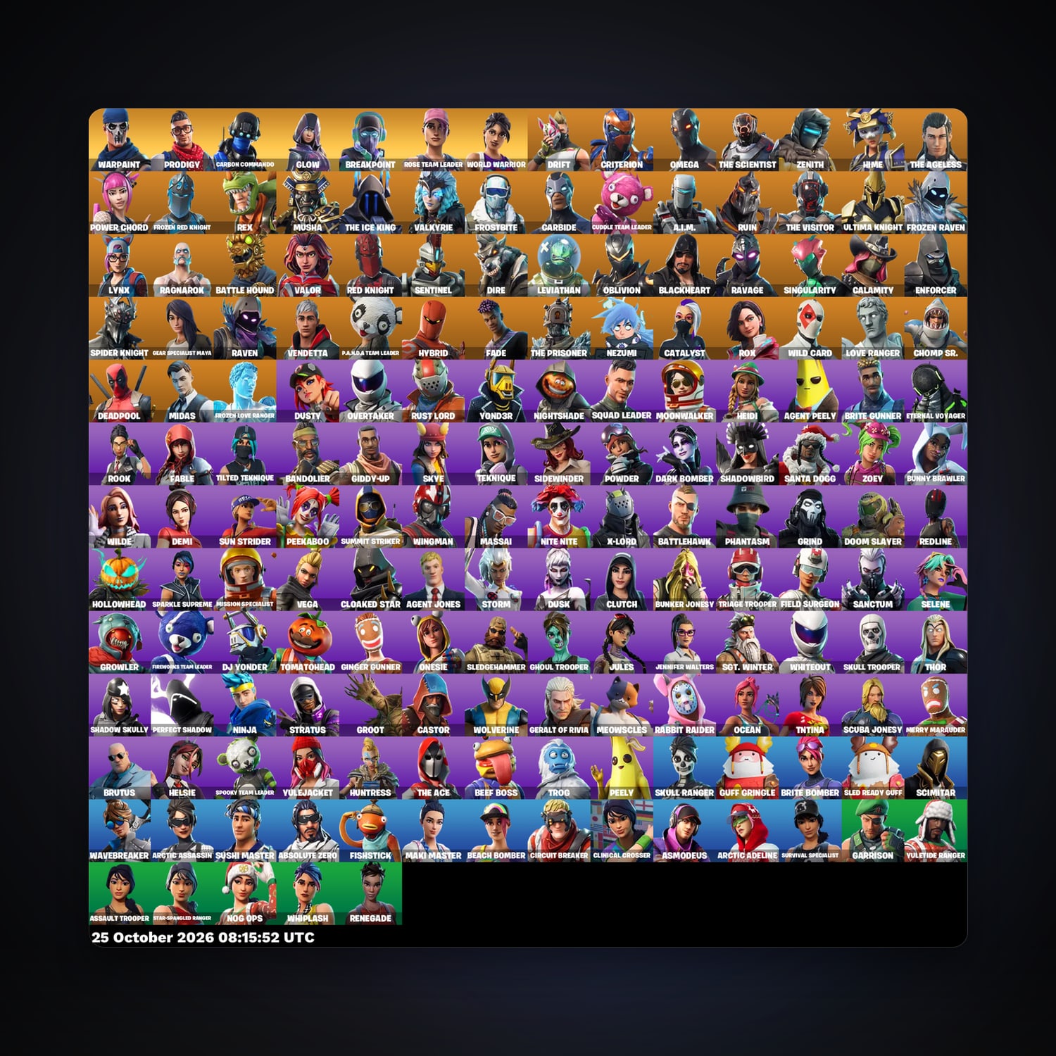 حساب فورتنايت Glow وOmega، اللوكر مليان 173 سكن، 1.7K فيبوكس، لفل 1282، 90 فوز — HabibiAccounts