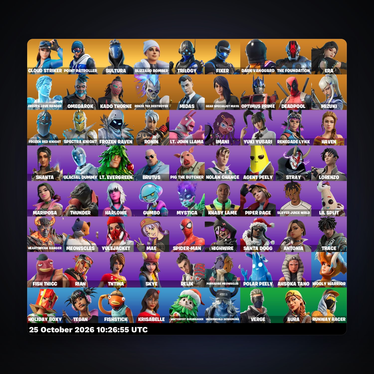 حساب فورتنايت Dark Vanguard وThe Foundation، لوكر 72 سكن، 1.1K فيبوكس، لفل 2039، 195 فوز — HabibiAccounts