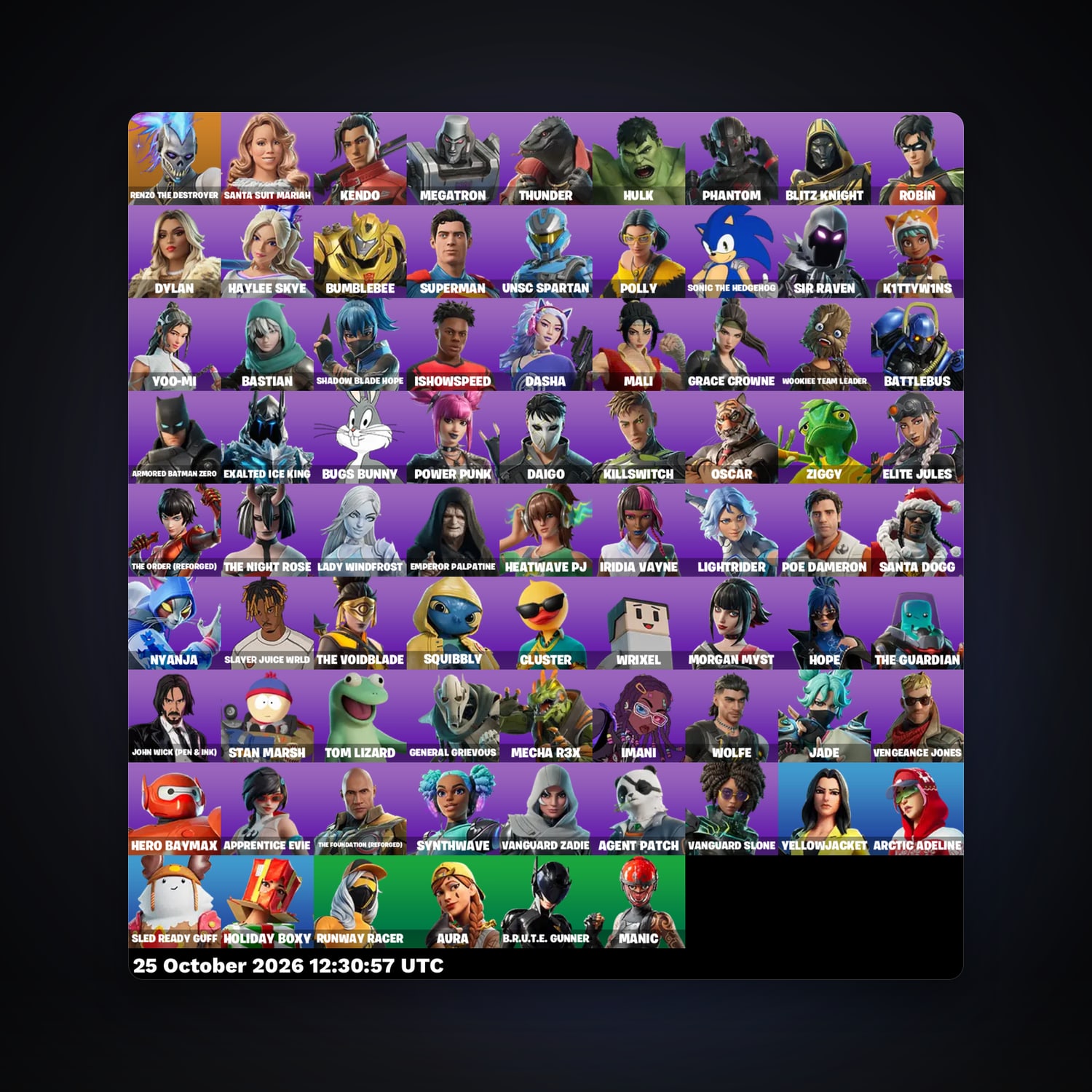 حساب فورتنايت Renzo the Destroyer وSanta Suit Mariah، لوكر 78 سكن، 300 فيبوكس، لفل 1522، 134 فوز — HabibiAccounts