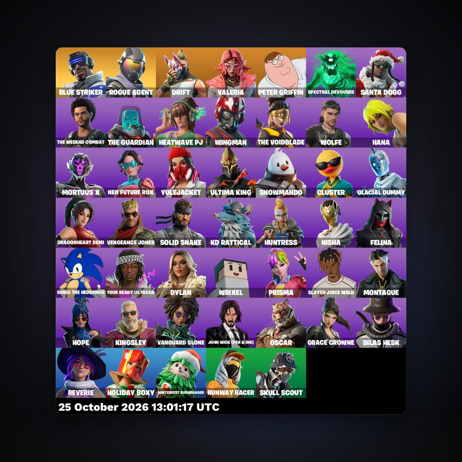 حساب فورتنايت Drift وValeria، لوكر 47 سكن، 900 فيبوكس، لفل 1224، 101 فوز — HabibiAccounts