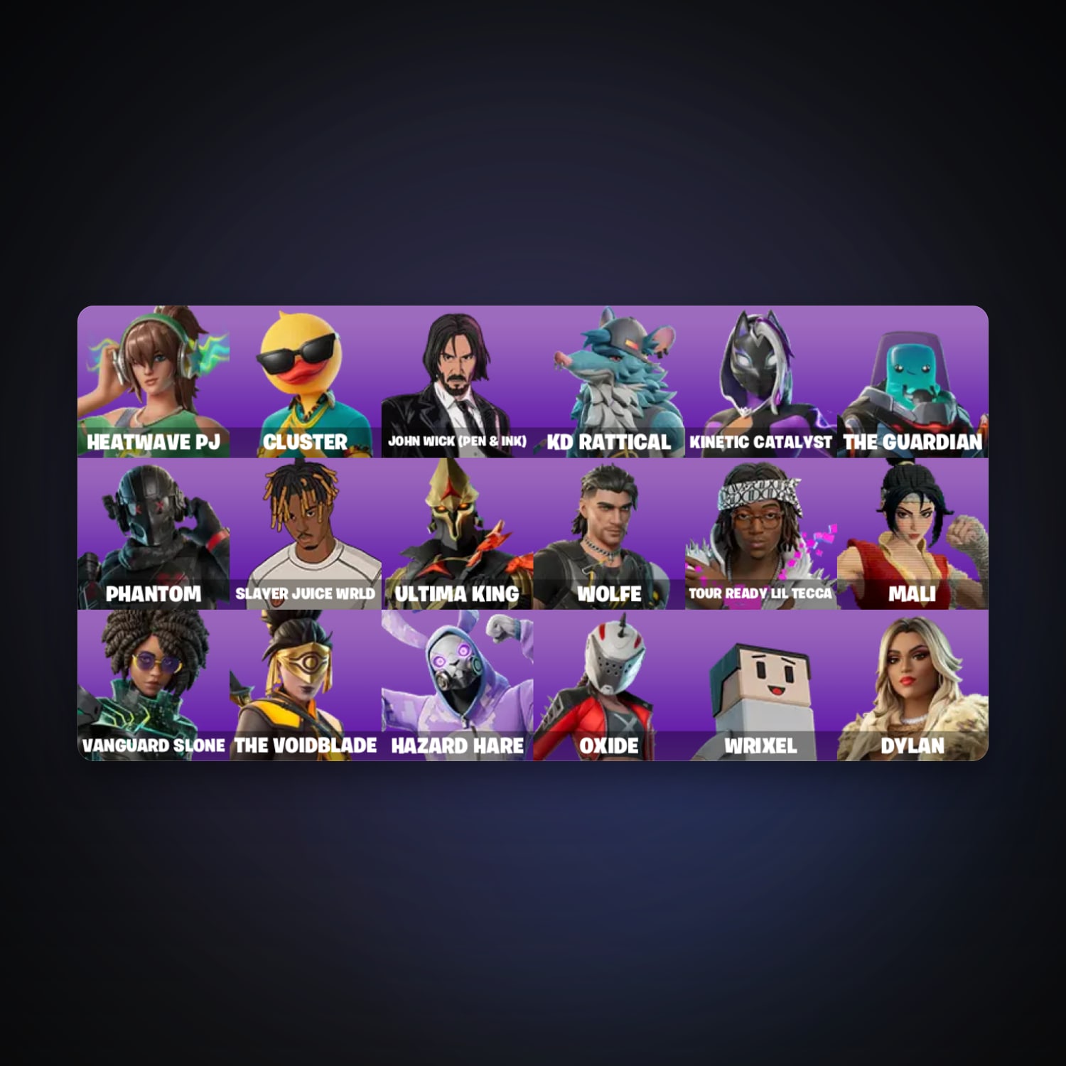 حساب فورتنايت Heatwave PJ وCluster، لوكر 20 سكن، 200 فيبوكس، لفل 442، 36 فوز — HabibiAccounts