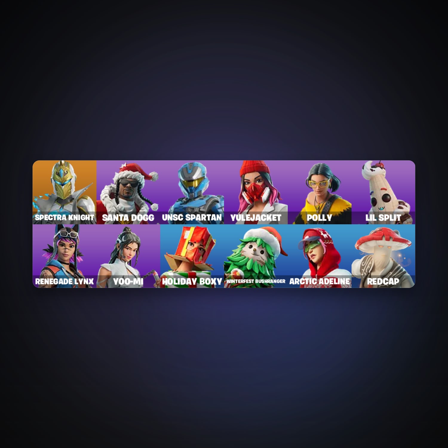 حساب فورتنايت Spectra Knight وSanta Dogg، لوكر 13 سكن، 300 فيبوكس، لفل 634، 39 فوز — HabibiAccounts