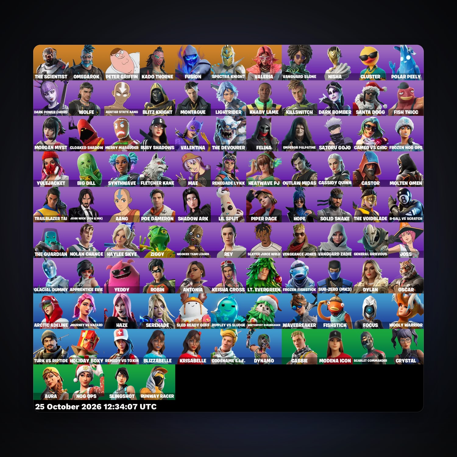حساب فورتنايت The Scientist وOmegarok، اللوكر مليان 103 سكن، 800 فيبوكس، لفل 2825، 287 فوز — HabibiAccounts