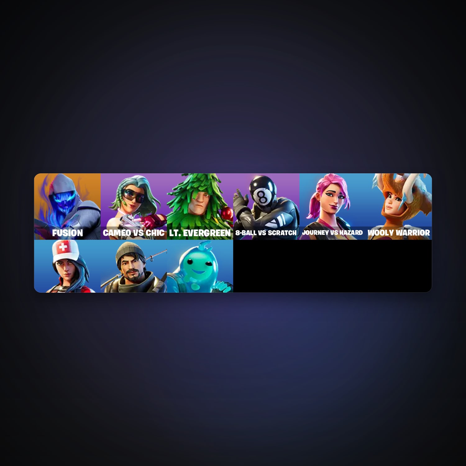 حساب فورتنايت Fusion وCameo vs Chic، لوكر 9 سكن، 800 فيبوكس، لفل 322، 14 فوز — HabibiAccounts