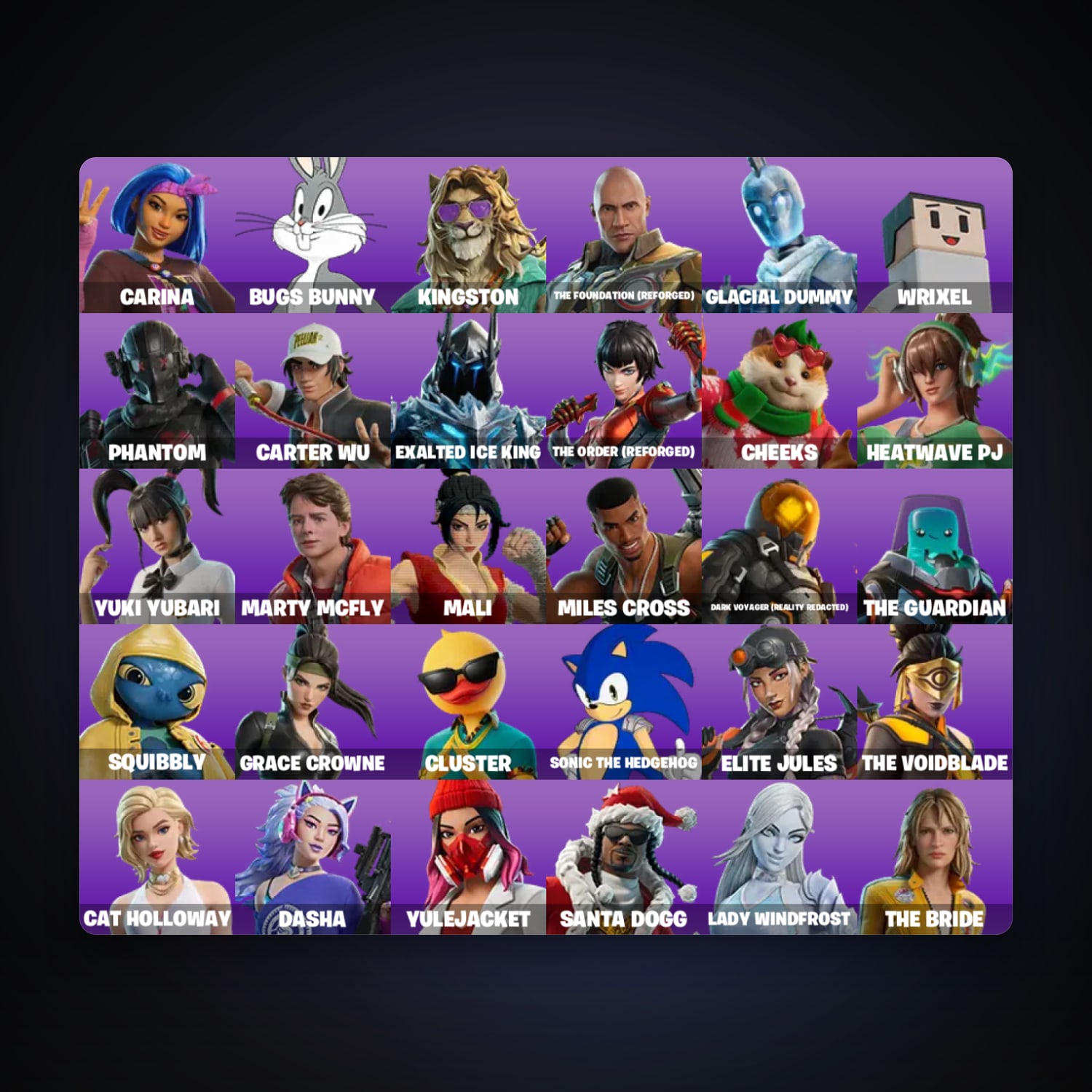 حساب فورتنايت Carina وBugs Bunny، لوكر 32 سكن، 600 فيبوكس، لفل 723، 56 فوز — HabibiAccounts