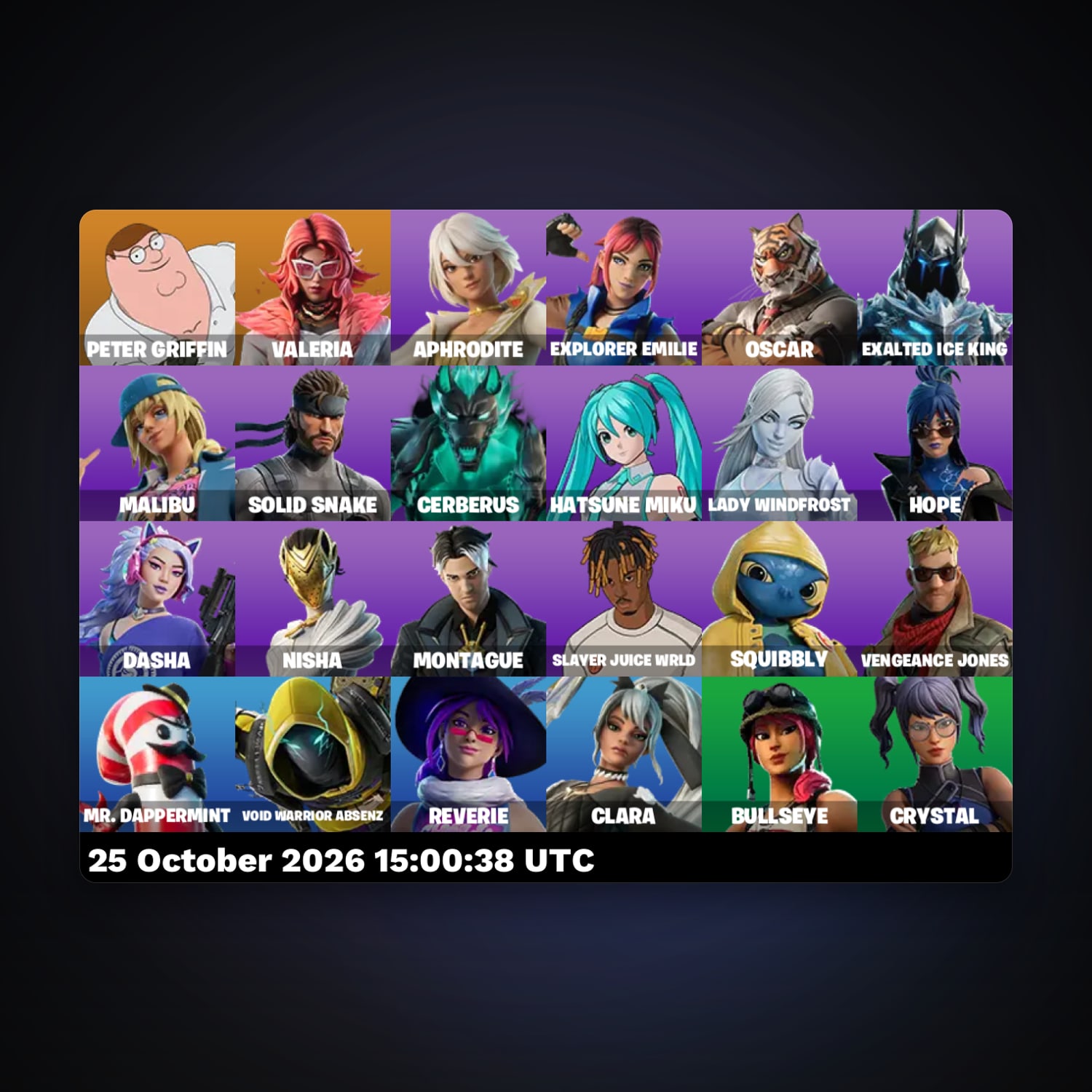 حساب فورتنايت Peter Griffin وValeria، لوكر 24 سكن، 1.4K فيبوكس، لفل 372، 15 فوز — HabibiAccounts