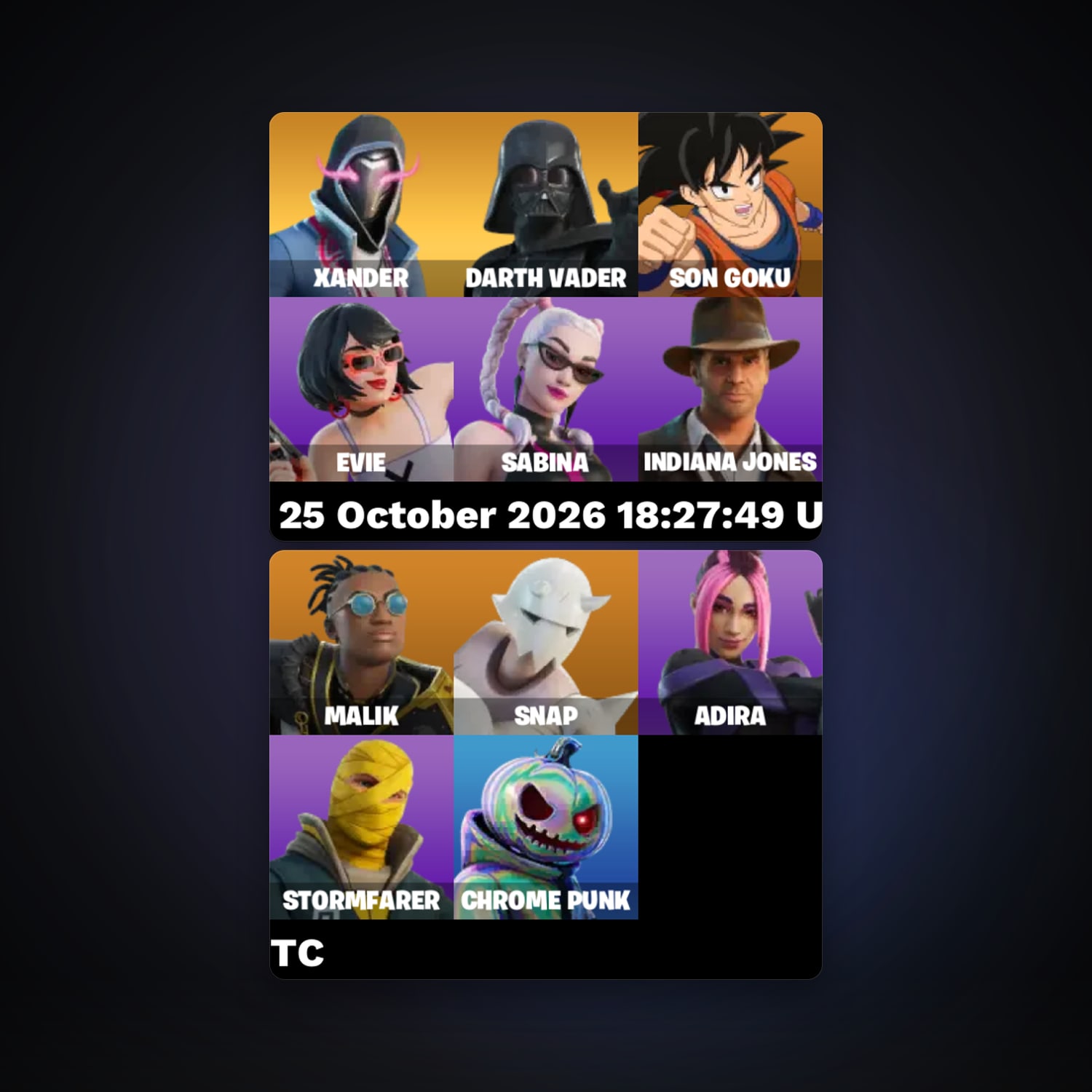 حساب فورتنايت Son Goku وMalik، لوكر 11 سكن، 350 فيبوكس، لفل 185، 14 فوز — HabibiAccounts