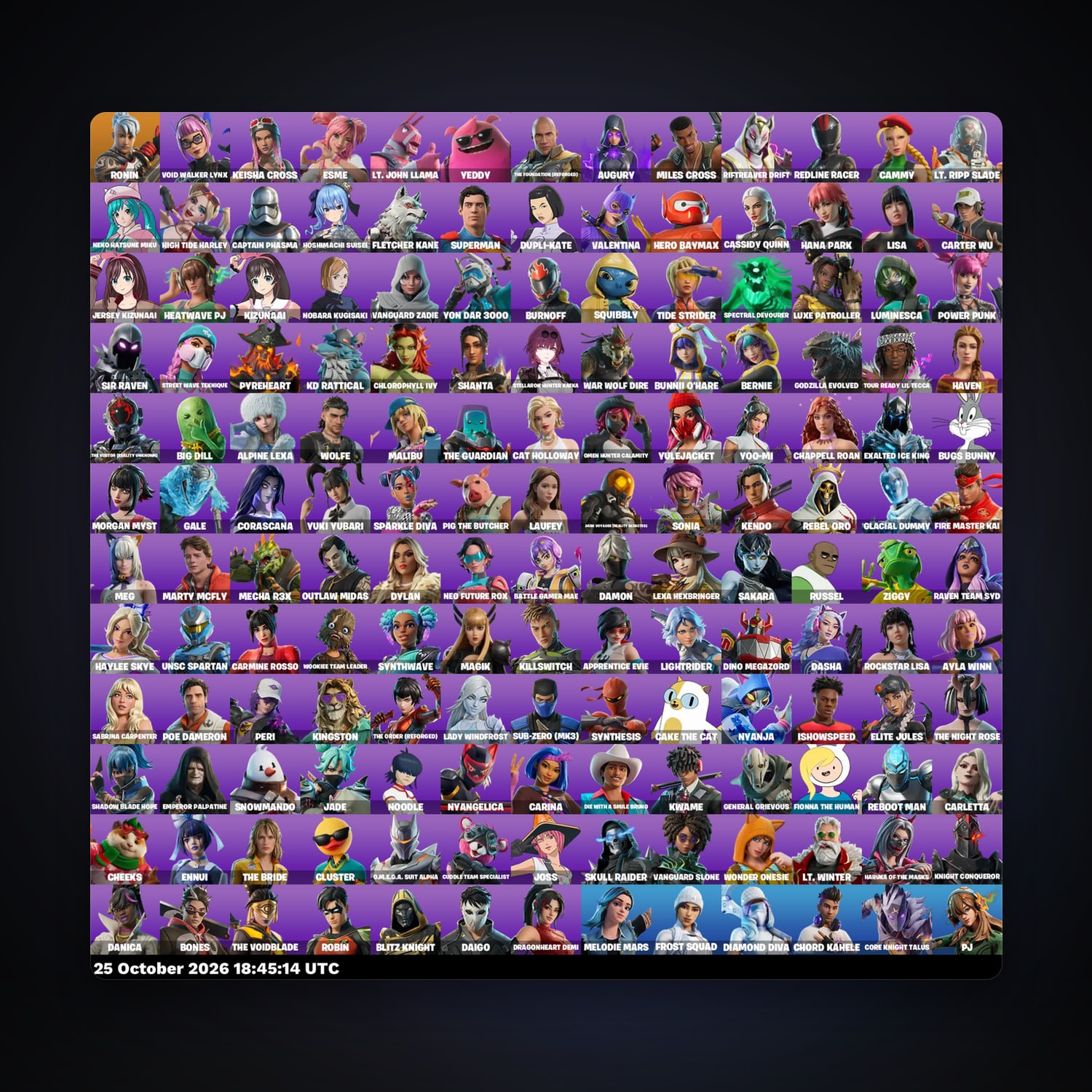 حساب فورتنايت Ronin وVoid Walker Lynx، اللوكر مليان 156 سكن، 750 فيبوكس، لفل 2058، 371 فوز — HabibiAccounts