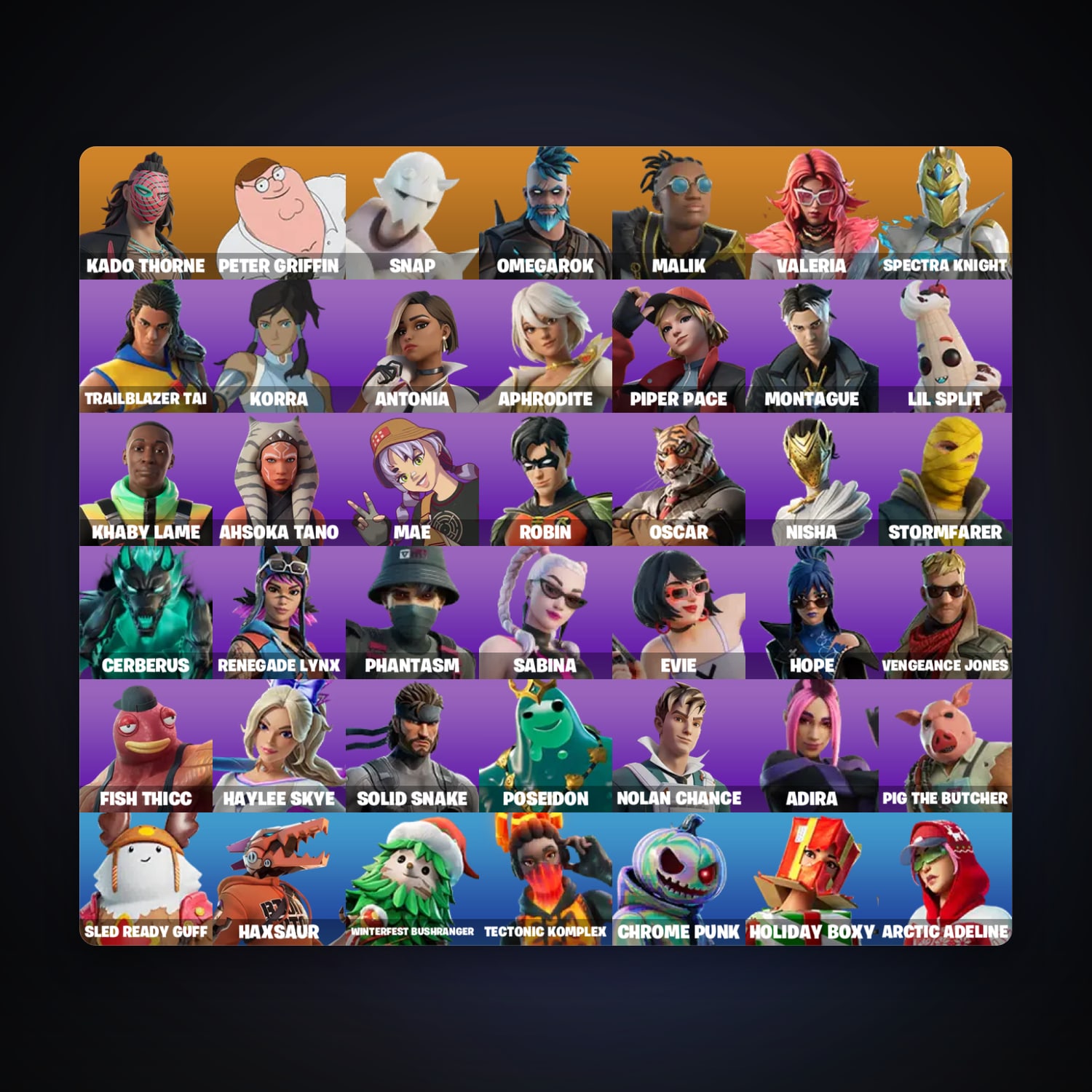 Fortnite account with Kado Thorne & Peter Griffin — 44 skins — 200 V-Bucks — lvl 1385 — HabibiAccounts