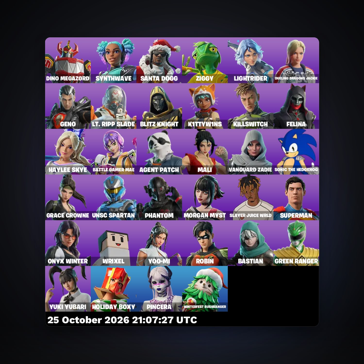 حساب فورتنايت Santa Dogg وDino Megazord، لوكر 34 سكن، لفل 1772، 160 فوز — HabibiAccounts
