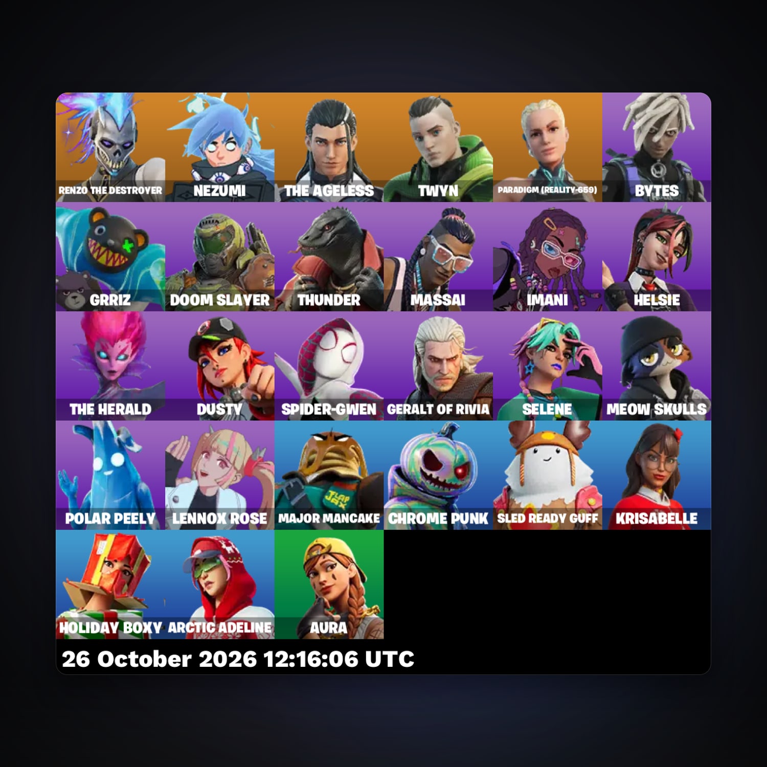 حساب فورتنايت Renzo the Destroyer وNezumi، لوكر 27 سكن، 750 فيبوكس، لفل 413، 41 فوز — HabibiAccounts