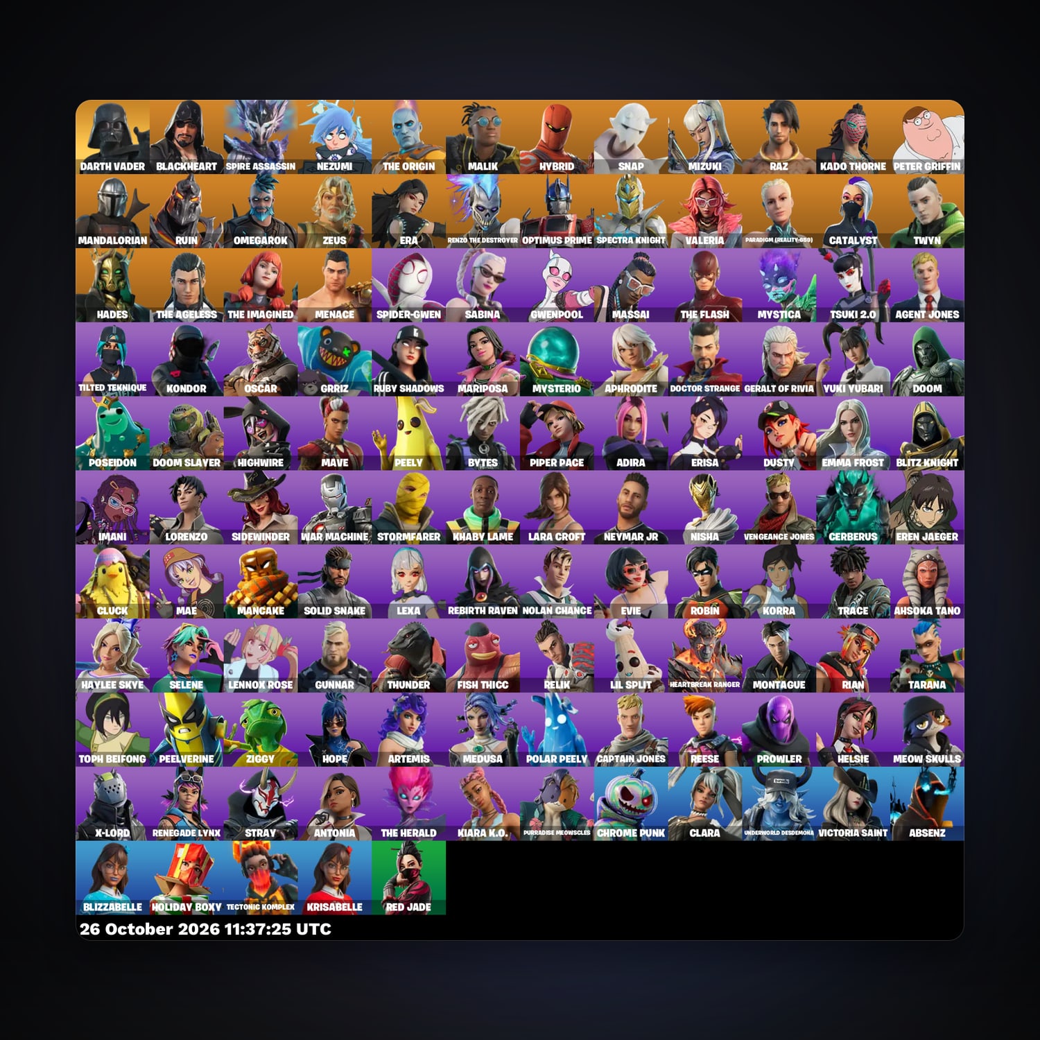 حساب فورتنايت Blackheart وSpire Assassin، اللوكر مليان 125 سكن، 1.1K فيبوكس، لفل 2029، 83 فوز — HabibiAccounts