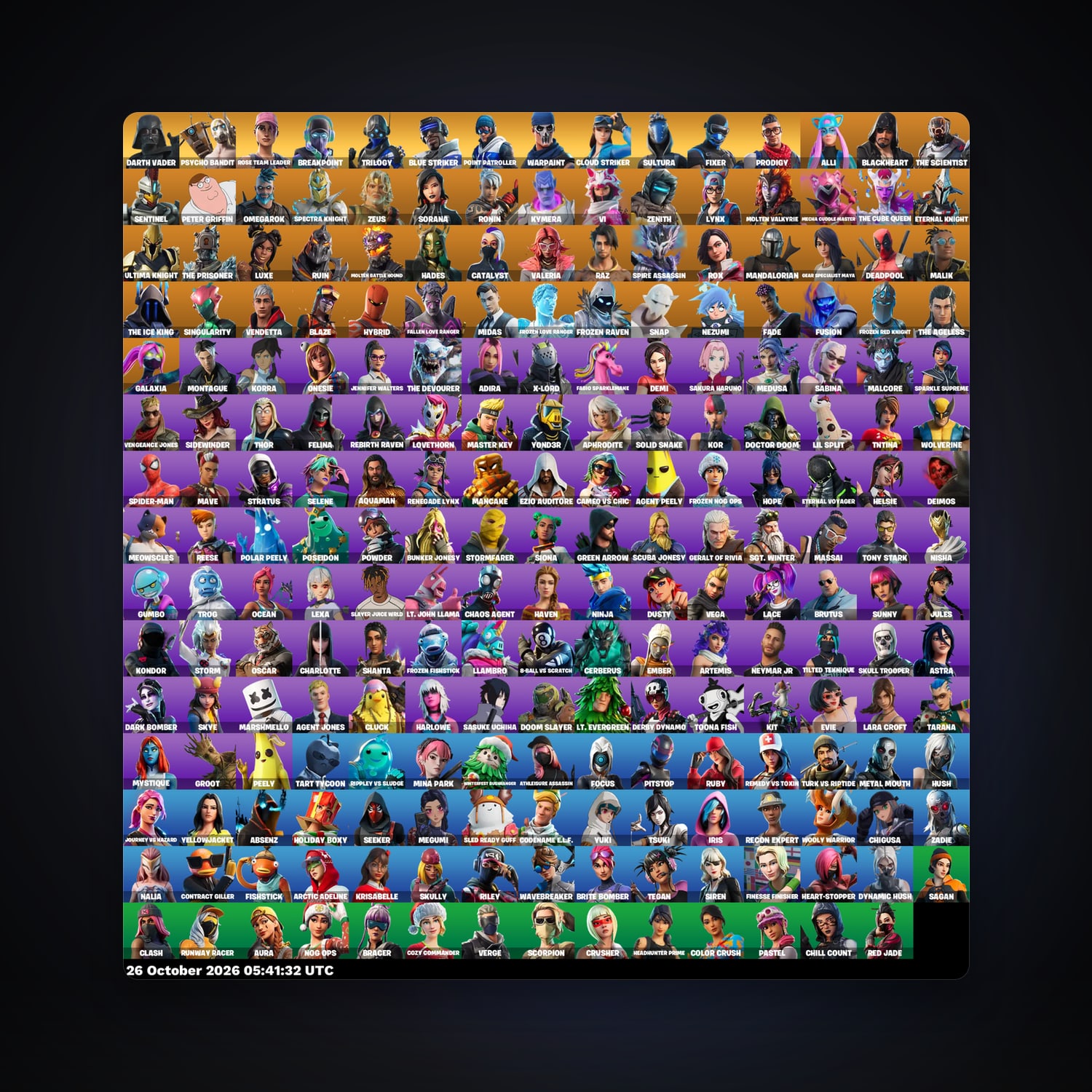 حساب فورتنايت Rose Team Leader وWarpaint، اللوكر مليان 224 سكن، 1.5K فيبوكس، لفل 2654، 580 فوز — HabibiAccounts