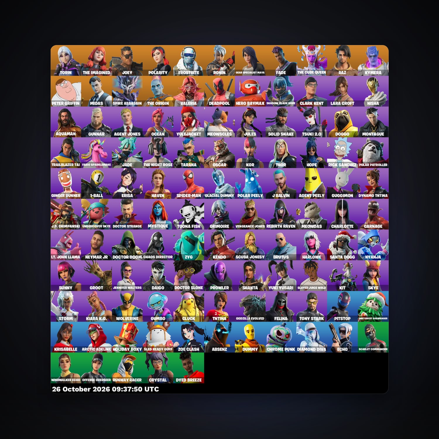 حساب فورتنايت Torin وThe Imagined، اللوكر مليان 115 سكن، 250 فيبوكس، لفل 2682، 192 فوز — HabibiAccounts