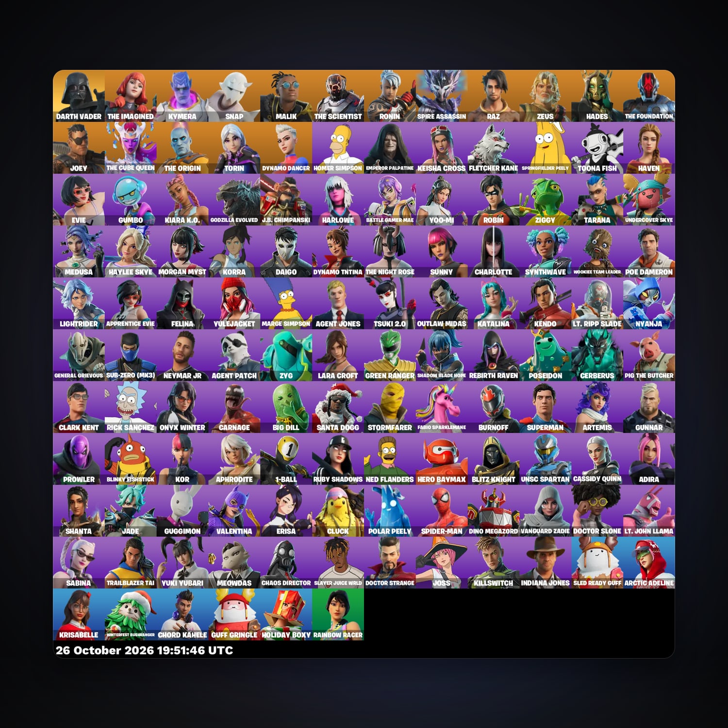 حساب فورتنايت The Imagined وKymera، اللوكر مليان 126 سكن، 1.5K فيبوكس، لفل 3142، 420 فوز — HabibiAccounts