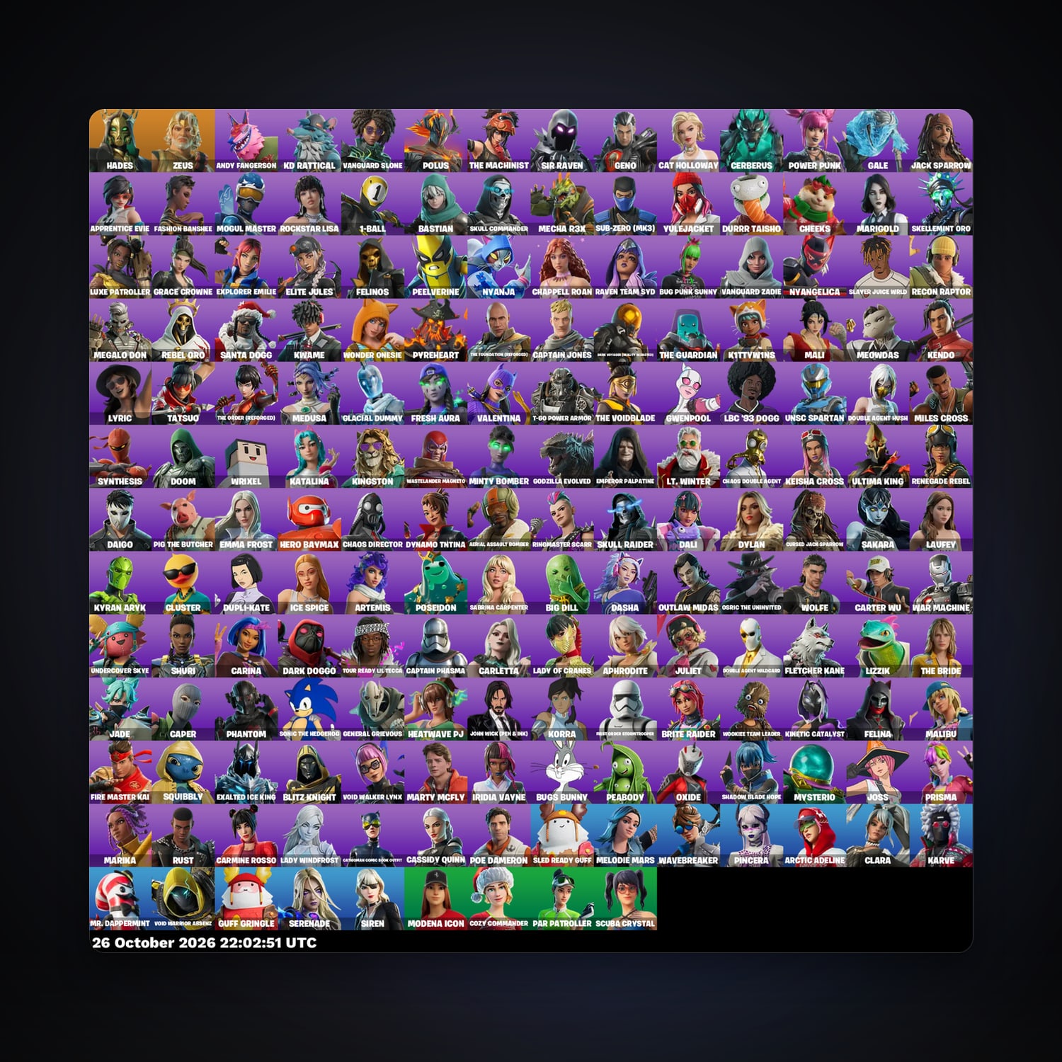 حساب فورتنايت Hades وZeus، اللوكر مليان 177 سكن، 100 فيبوكس، لفل 3433، 272 فوز — HabibiAccounts