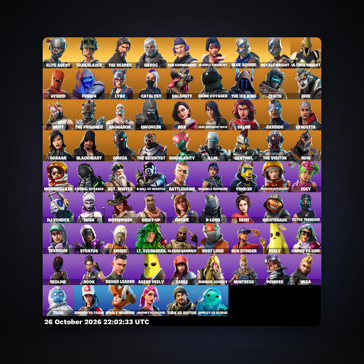 حساب فورتنايت Drift وUltima Knight، لوكر 78 سكن، 750 فيبوكس، لفل 904، 342 فوز — HabibiAccounts