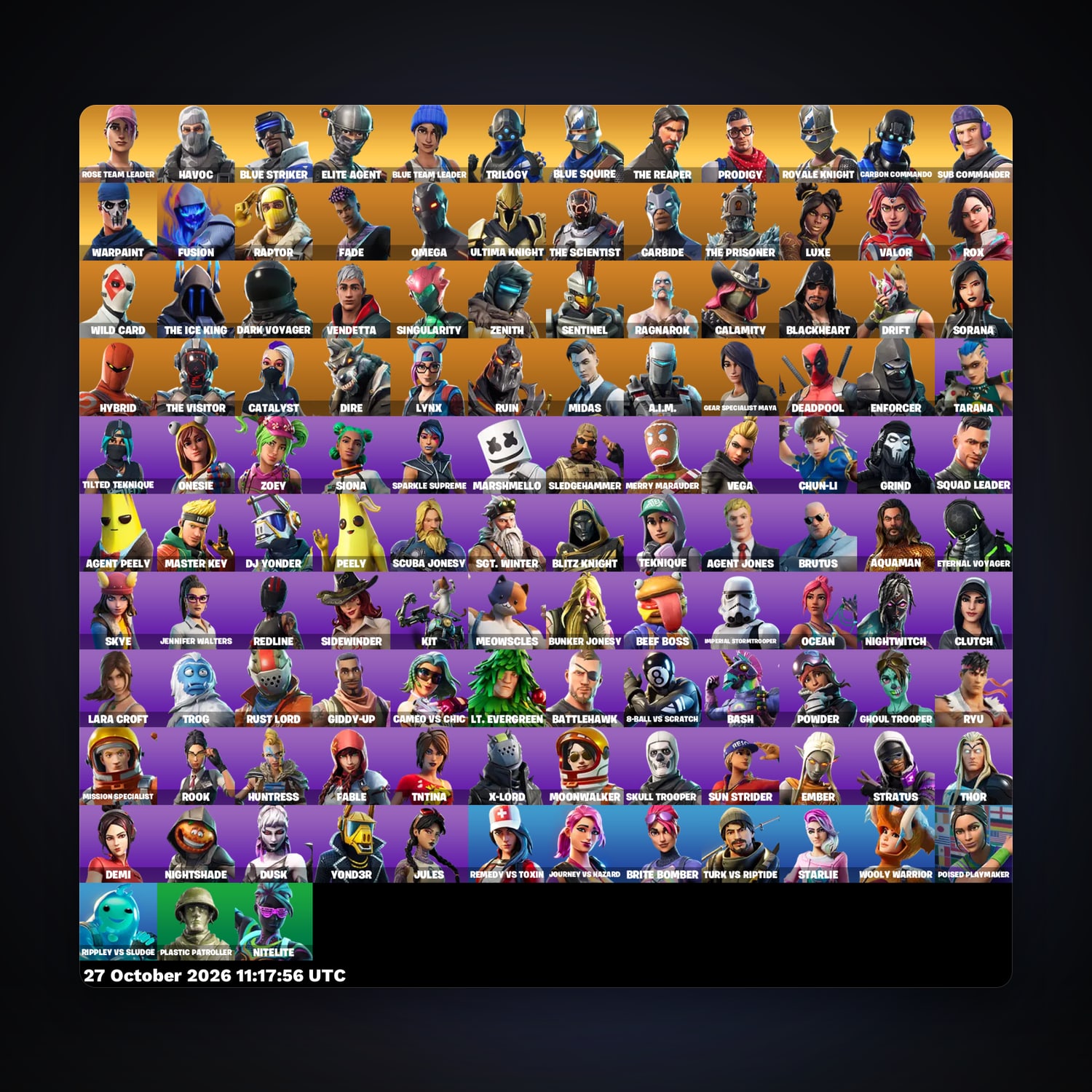 حساب فورتنايت Blue Squire وRoyale Knight، اللوكر مليان 123 سكن، 1.8K فيبوكس، لفل 1294، 274 فوز — HabibiAccounts