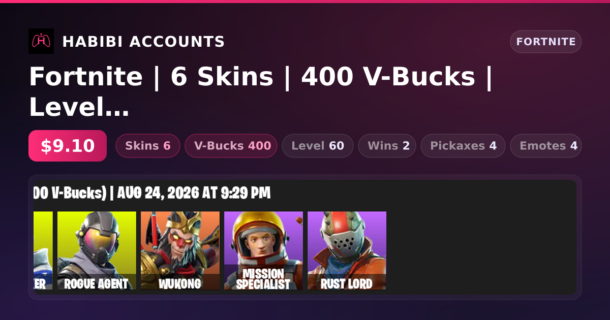Fortnite | 6 Skins | 400 V-Bucks | Level 60 | 2 Wins — HabibiAccounts