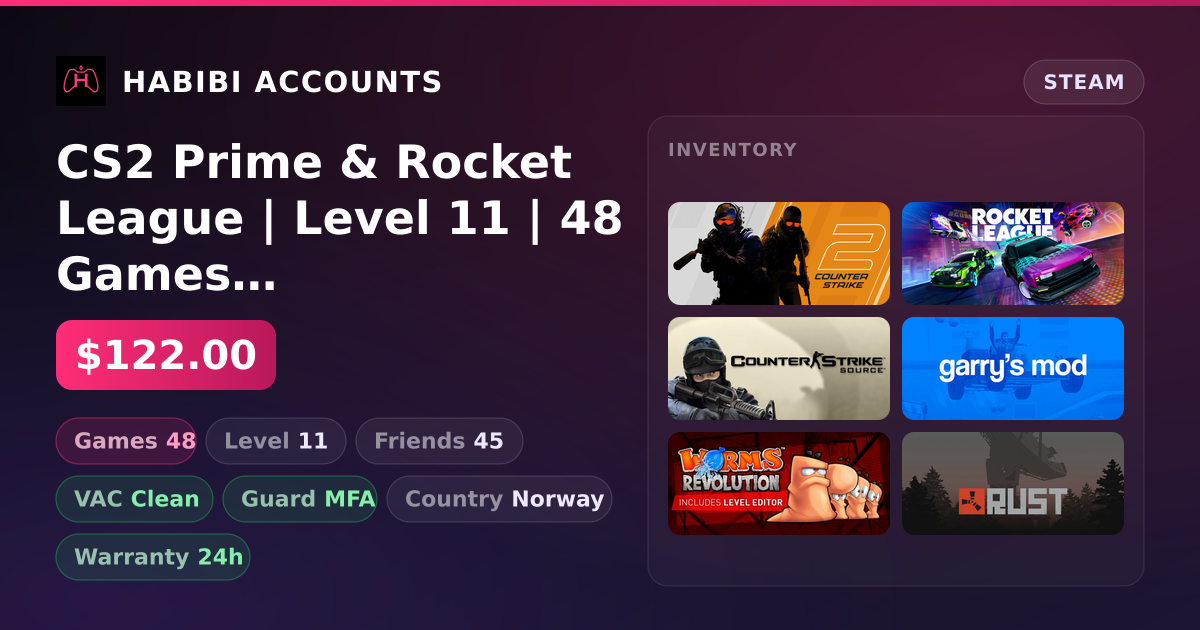 CS2 Prime & Rocket League | Level 11 | 48 Games | Clean