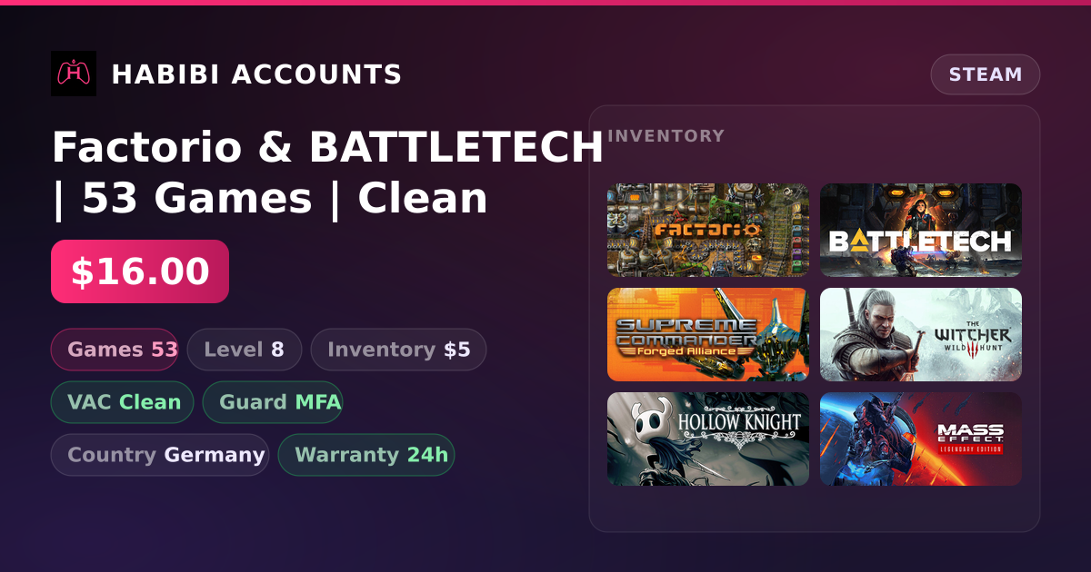 Factorio & BATTLETECH | 53 Games | Clean