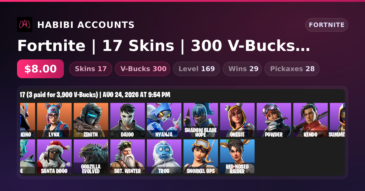 Fortnite | 17 Skins | 300 V-Bucks | Level 169 | 29 Wins — HabibiAccounts