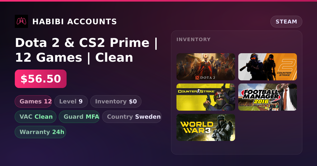 Dota 2 & CS2 Prime | 12 Games | Clean