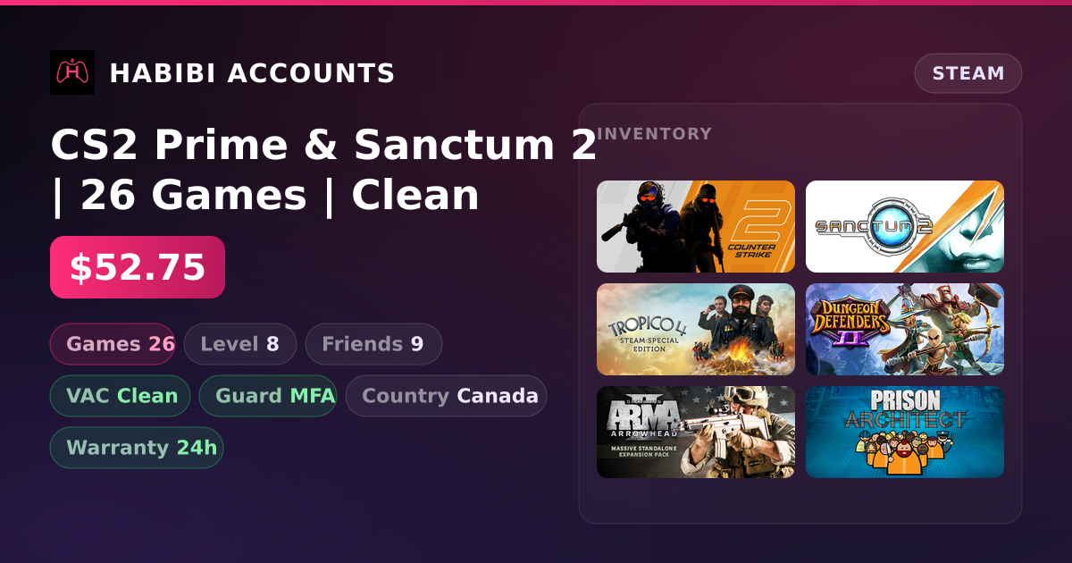 CS2 Prime & Sanctum 2 | 26 Games | Clean