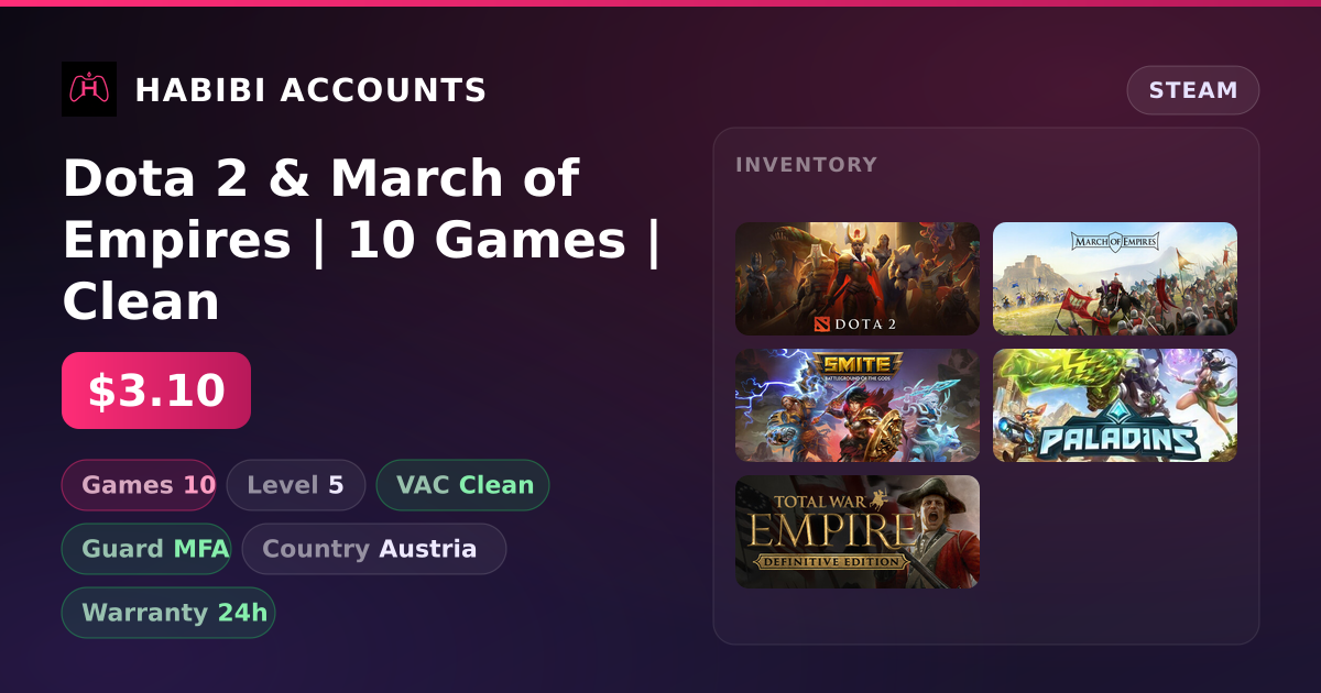 Dota 2 & March of Empires | 10 Games | Clean — HabibiAccounts