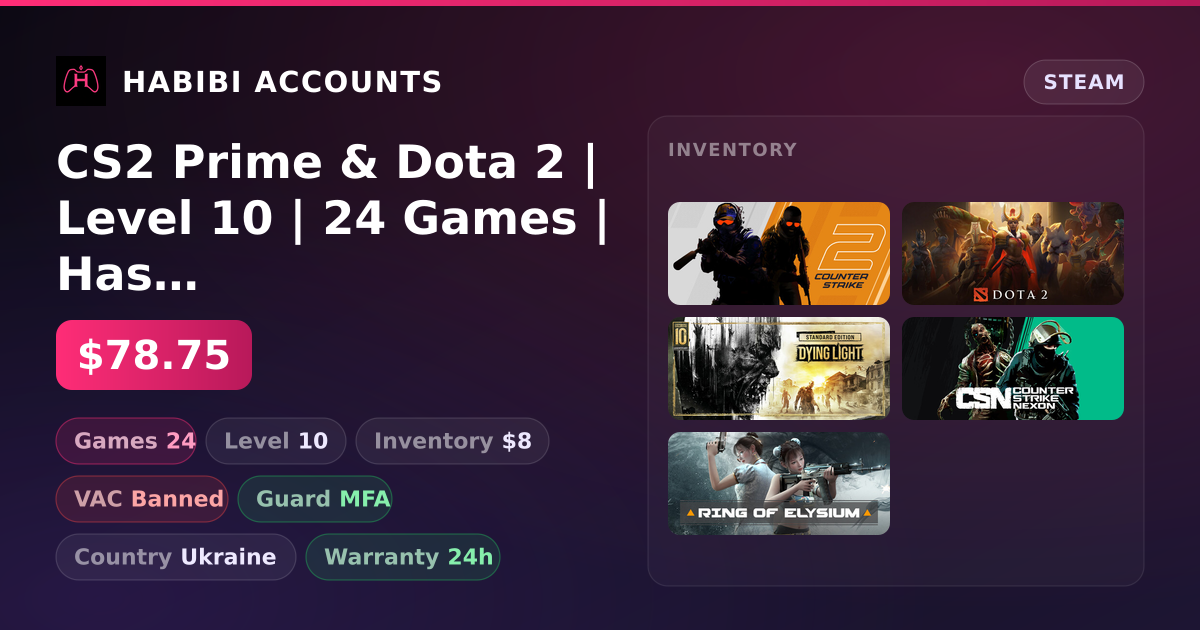 CS2 Prime & Dota 2 | Level 10 | 24 Games | Has VAC — HabibiAccounts
