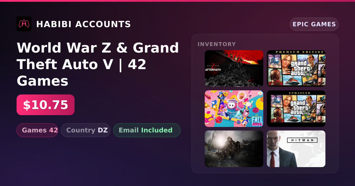 World War Z & Grand Theft Auto V | 42 Games — HabibiAccounts