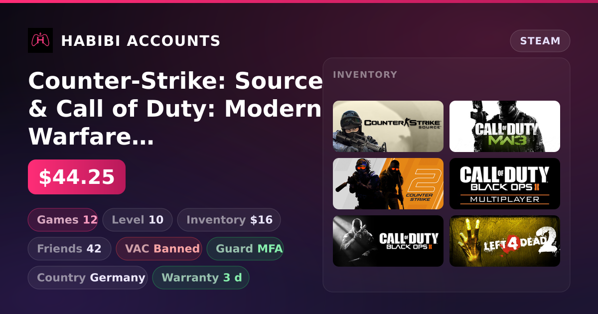Counter-Strike: Source & Call of Duty: Modern Warfare 3 - Multiplayer | Level 10 | 12 Games | Has VAC