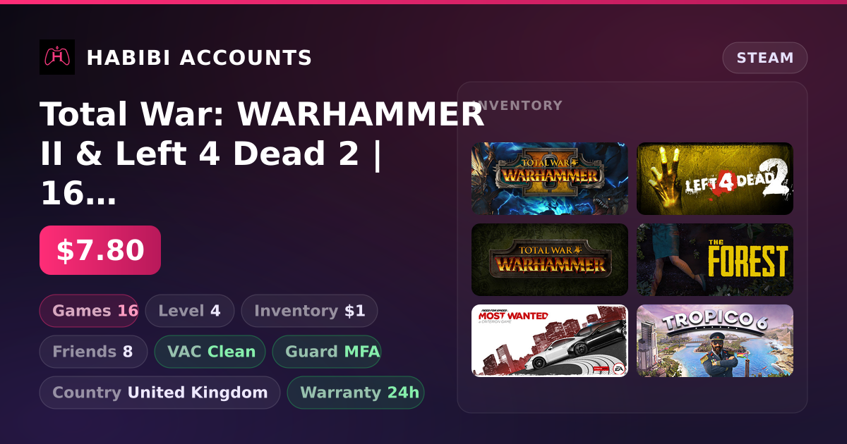 Total War: WARHAMMER II & Left 4 Dead 2 | 16 Games | Clean — HabibiAccounts