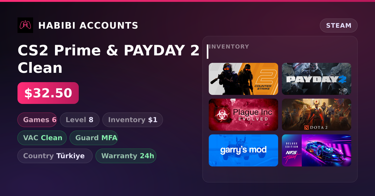 CS2 Prime & PAYDAY 2 | Clean — HabibiAccounts
