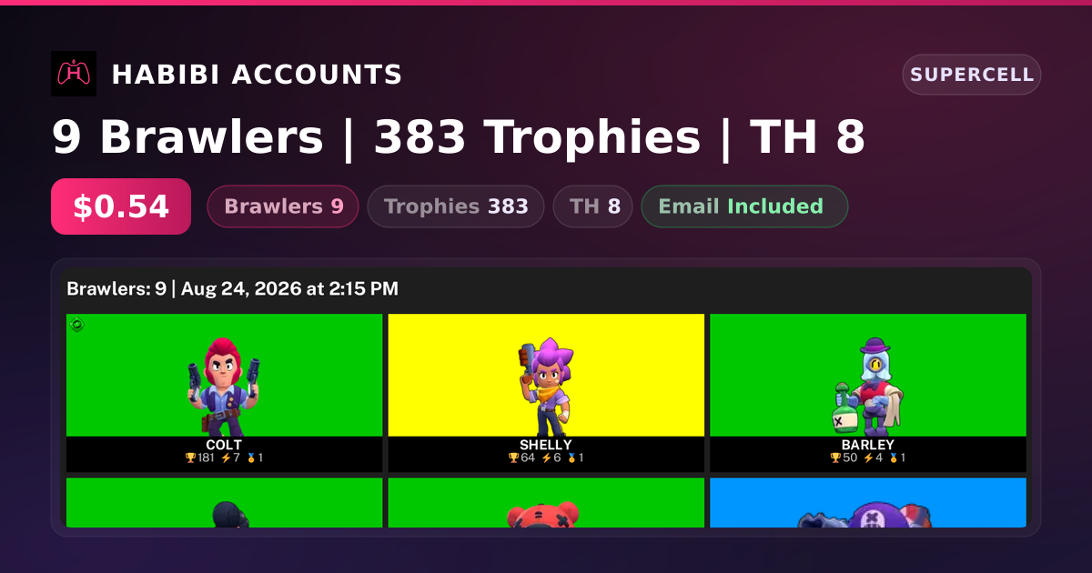 9 Brawlers | 383 Trophies | TH 8 — HabibiAccounts
