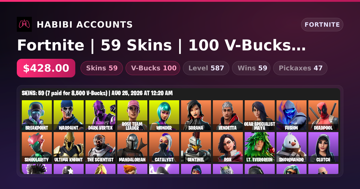Fortnite | 59 Skins | 100 V-Bucks | Level 587 | 59 Wins — HabibiAccounts