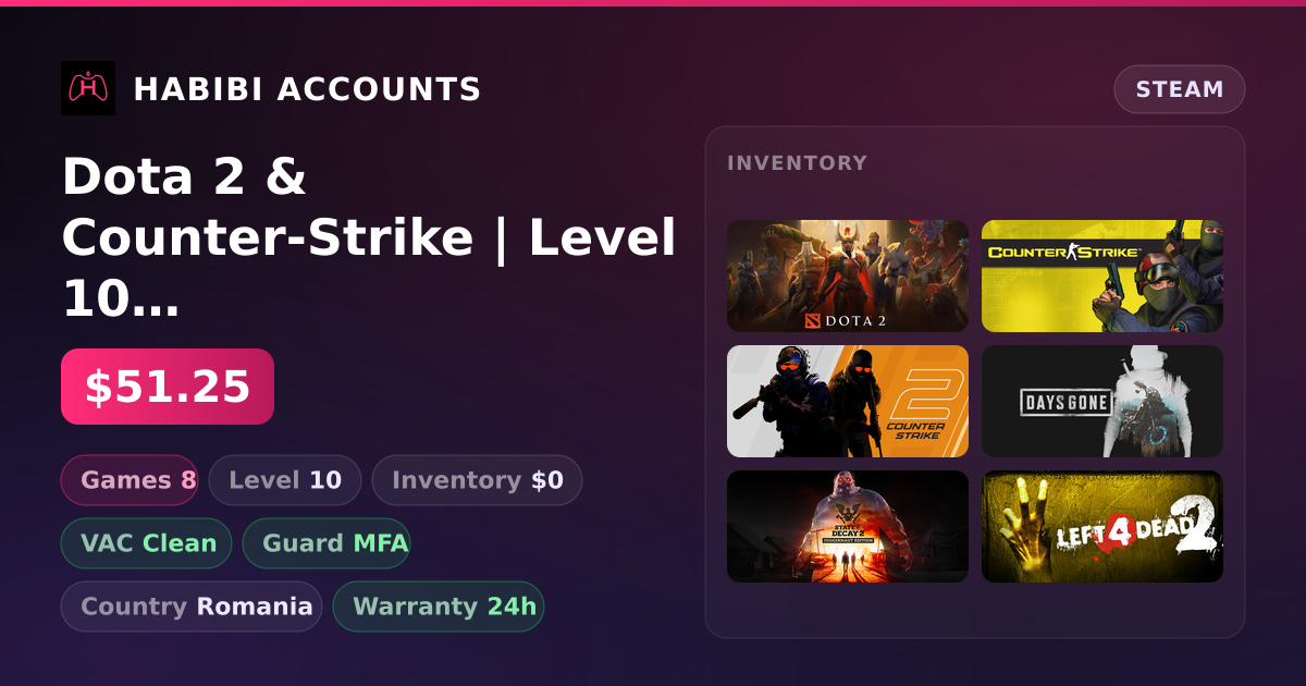 Dota 2 & Counter-Strike | Level 10 | Clean — HabibiAccounts
