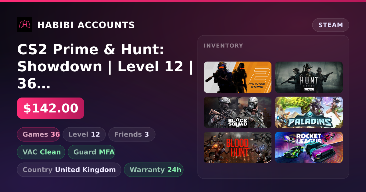 CS2 Prime & Hunt: Showdown | Level 12 | 36 Games | Clean — HabibiAccounts