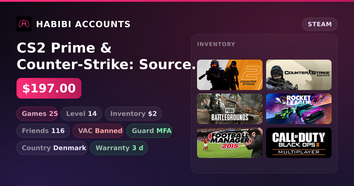 CS2 Prime & Counter-Strike: Source | Level 14 | 25 Games | Has VAC — HabibiAccounts