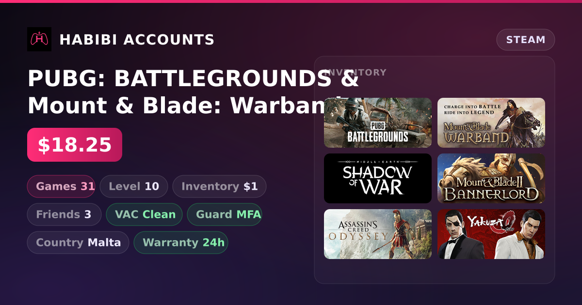 PUBG: BATTLEGROUNDS & Mount & Blade: Warband | Level 10 | 31 Games | Clean — HabibiAccounts